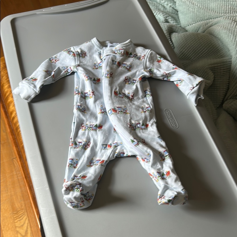 La Luna New Born One Piece Footie Pajamas - Light Blue with Christmas Train